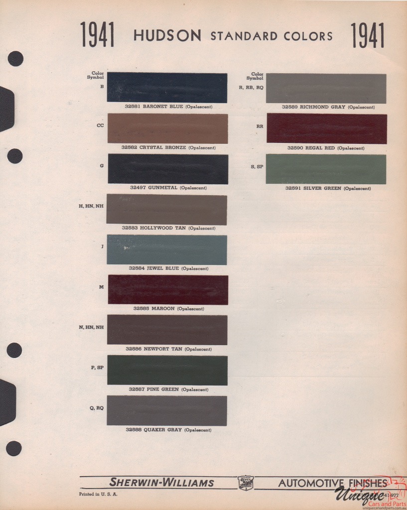 1941 Hudson Paint Charts Williams 1